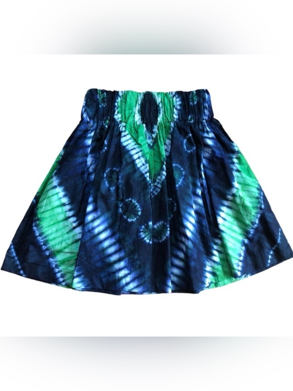African Skirt Size 14W Indigo Green Tie Dyed Cotton Elastic Gathered High Waist